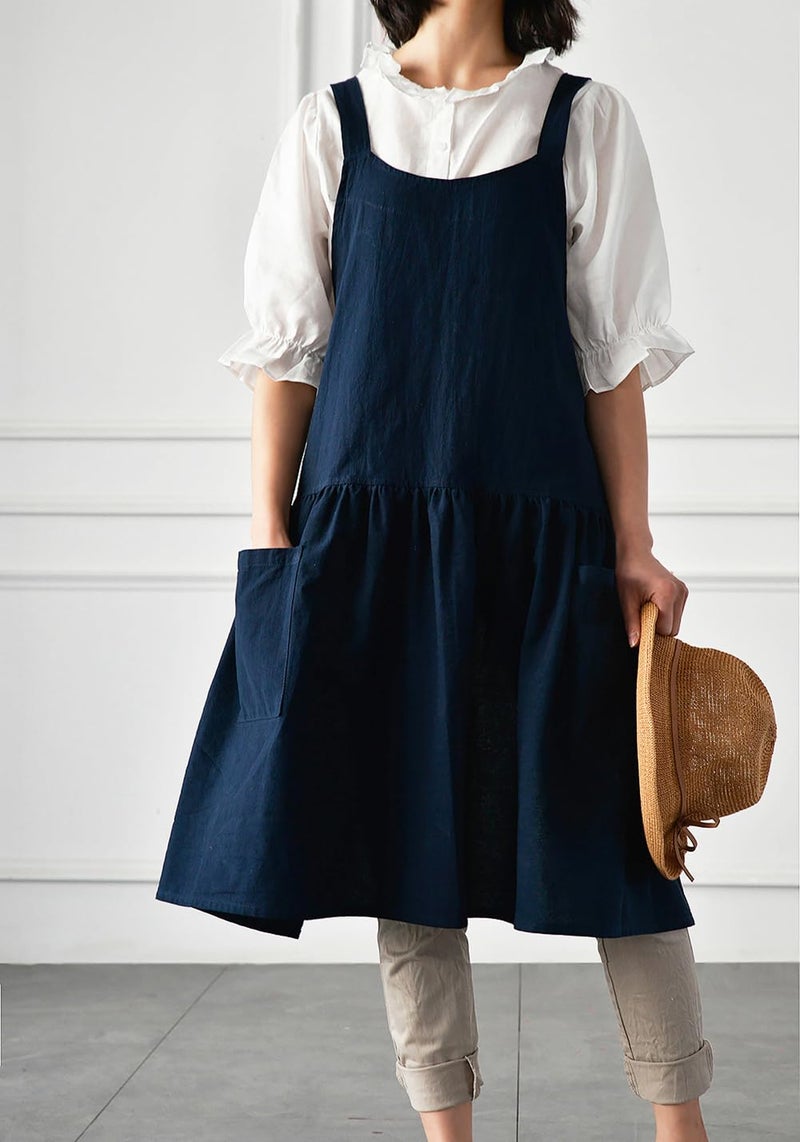 NEWGEM Cotton Linen Cross Back Apron for Women with Pockets for Cooking Baking Navy Blue with Waist Ties - Image 2